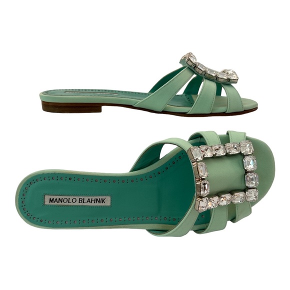 MANOLO BLAHNIK Green Iluna Flat Sandals Silk Crepe De Chine & Crystal Buckle - Picture 6 of 11